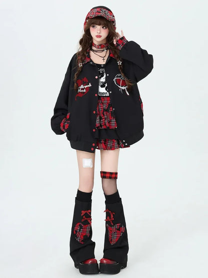 Punk Sleeves with Red Rock Decorated Chain Tiered Free Plaid Black and Skirt Leg