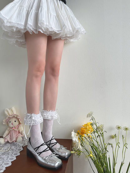 Lolita Decoration Pattern Socks Mesh Ruffle with Bow White/Black/Apricot