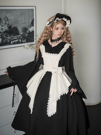Langes Lolita-Kleid mit schwarzen Ärmeln, volle Rüschenversion, Wa Maid Set, V-Ausschnitt