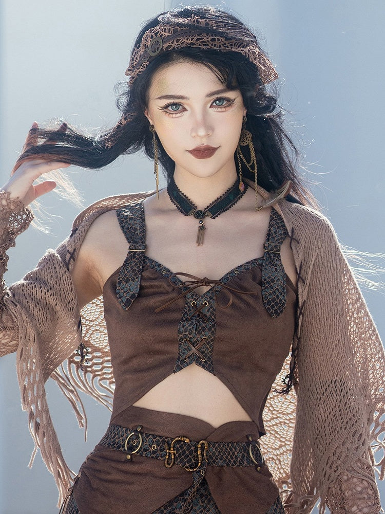 黒とダークグリーンのタッセル付きチョーカーレーススチームパンク