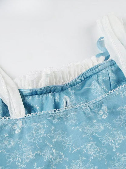 Top Holiday Trim Floral Bowknot + Details Cami Ruffles Blue