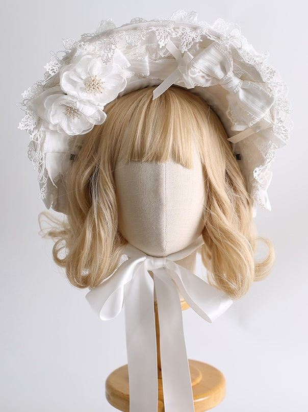 Elegant Lolita Trimmed - Bonnet White Bowknot Floral Lace