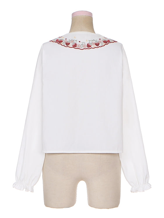 Weißes Lolita-Langarmhemd mit Erdbeer-Peter-Pan-Kragen