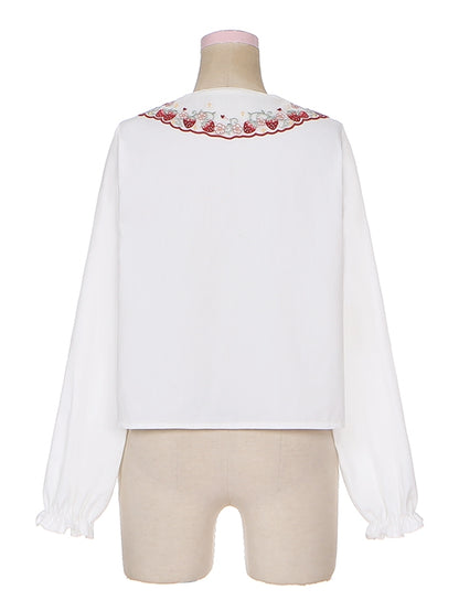 Weißes Lolita-Langarmhemd mit Erdbeer-Peter-Pan-Kragen