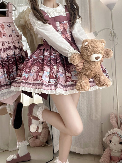 + Sweet Dress and Lolita Big Overall Print Cake Bear Reddish Brown Train Bow