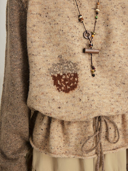 Drawstring Two-Piece Coffee Sweater Mock Pinecone Waist Kawaii Print with Vintage