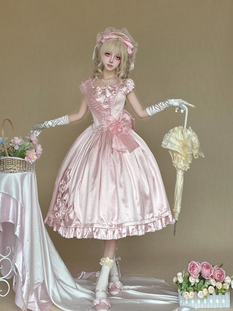 Soft Pink Lolita OP Dress with Satin, Lace and Butterfly Bowknot Details - Snow Lolita