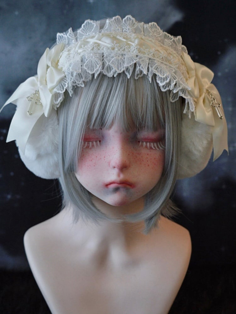 ホワイトハンドメイドのリボンクロスレーストリムプラッシュイヤーマフ