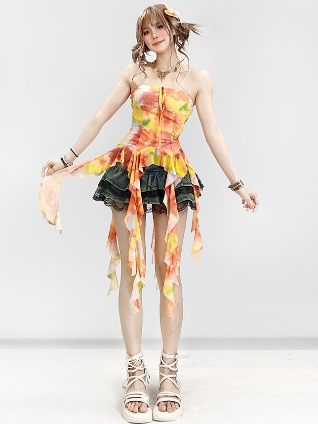 プリントトップ ラッフルアクセント オレンジチューブ ホリデーフローラルカスケーディング