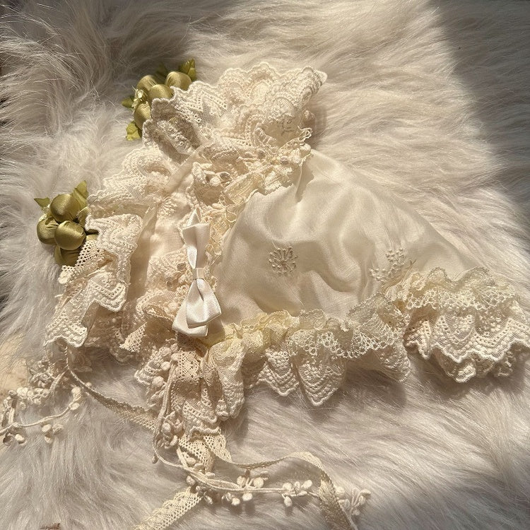 Lace Bow Triangular Trim Details Scarf Beige