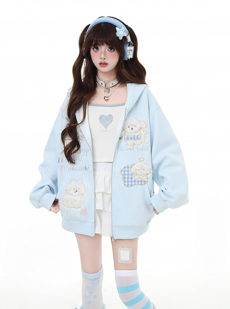 Puppy Embroidery Applique Black/Light Blue Plush Zip Closure Hoodie