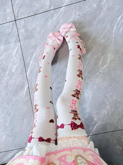Stockings Accents) White Style Teddy (Color: Pink/Burgundy Bow Pattern with Bear Lolita