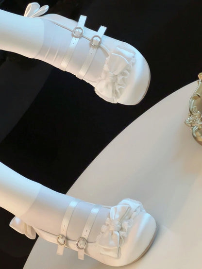 Sweet Janes Double mit Mary Satin-Finish Spitze Rüschen weiße Schleife PU Lolita Schnallen -