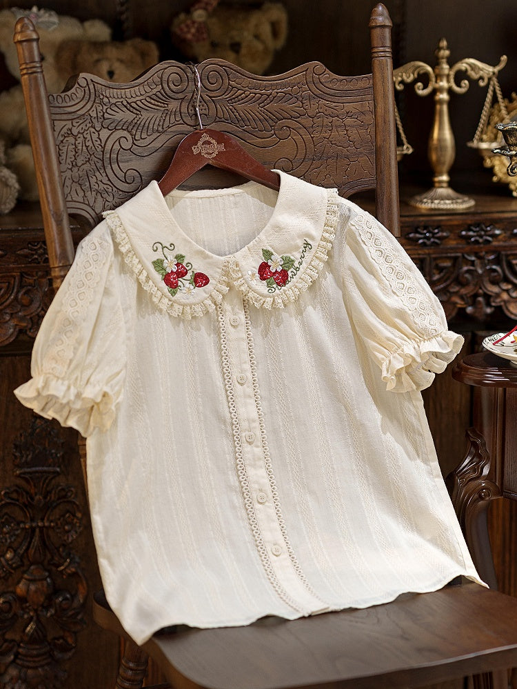 Cream Short Sleeve Lolita Blouse with Red Strawberry Embroidery Collar - Dream Magic Box