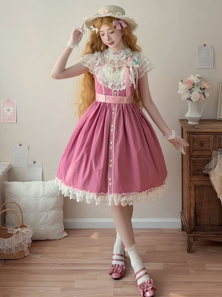 Pink Elegant Bow Version with Details Short Dress Lolita and Lace Classic Rose
