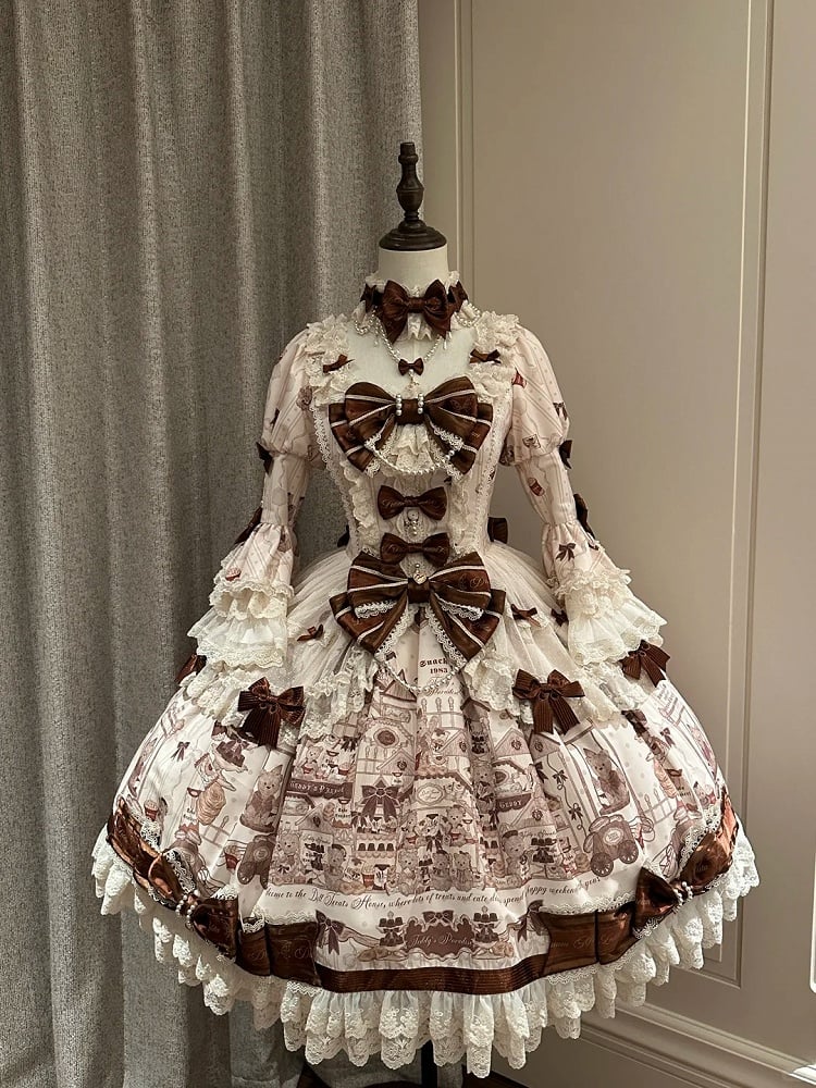with Beige Print Sweet Bear Hem Bow Dress Brown Sleeves and Lace Little Accents Bell Lolita