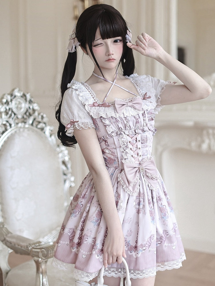 Ryousangata Floral Wall Print Pink Square Neck Short Sleeve Dress with Lace and Bow Details - Ekomi