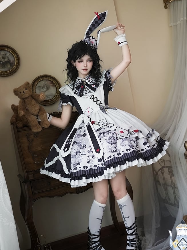 Sweet Lolita Apron Dress OP Full Set with Bunny & Teapot Print in Black and White - Ying Luo Fu