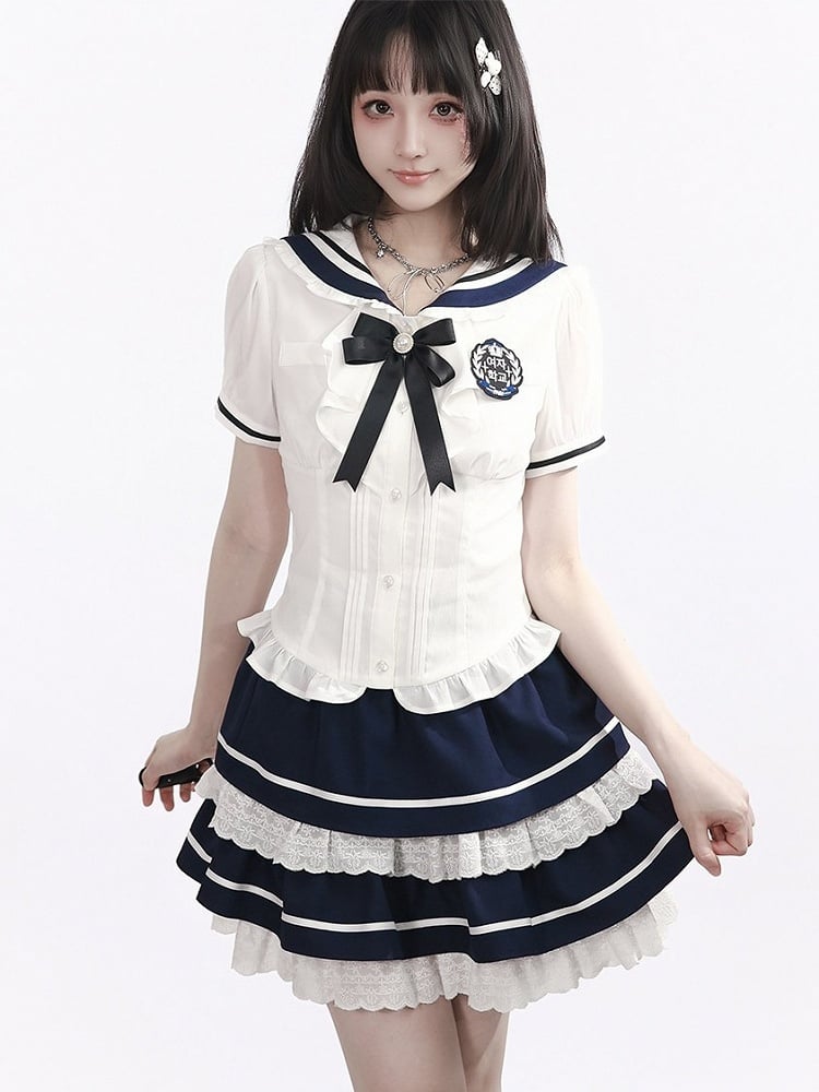Navy Preppy Tiered Ruffle Skirt with Lace Embellishment - PINK SAVIOR