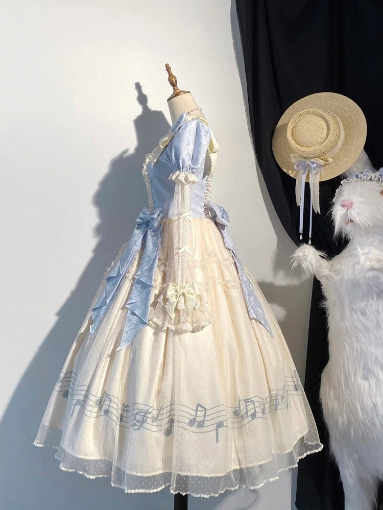 Dress Blue Version Print Lolita Elegant Note Beige Lace Violin Classic with Embroidery Long Musical