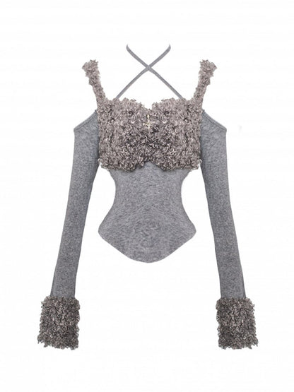 Gray Off-the-shoulder Top with Plush Cuffs & Metal Cross