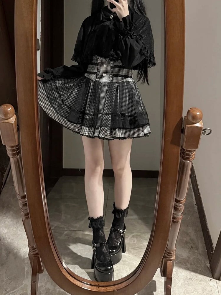 Tiered Kei - Button Black Heart Skirt Jirai White High-Waist Plaid Design Detailed