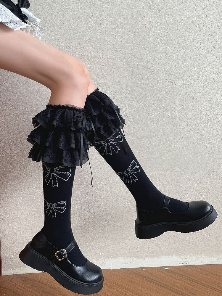 White/Black Stockings Bowknot Decorated Lace Trim Lolita Underknee