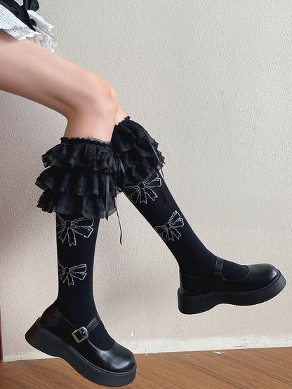 White/Black Stockings Bowknot Decorated Lace Trim Lolita Underknee