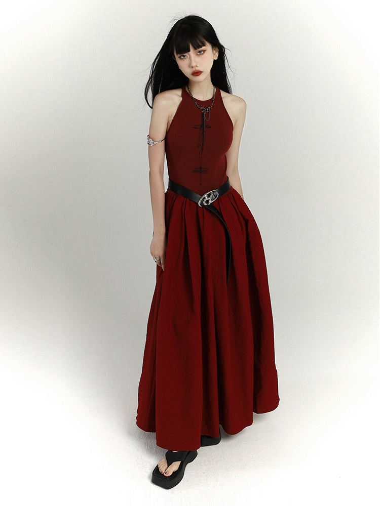 Gothic Wine Red High Waist Cross Print Sleeveless Dress