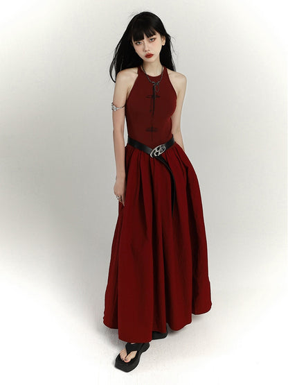 Gothic Wine Red High Waist Cross Print Sleeveless Dress