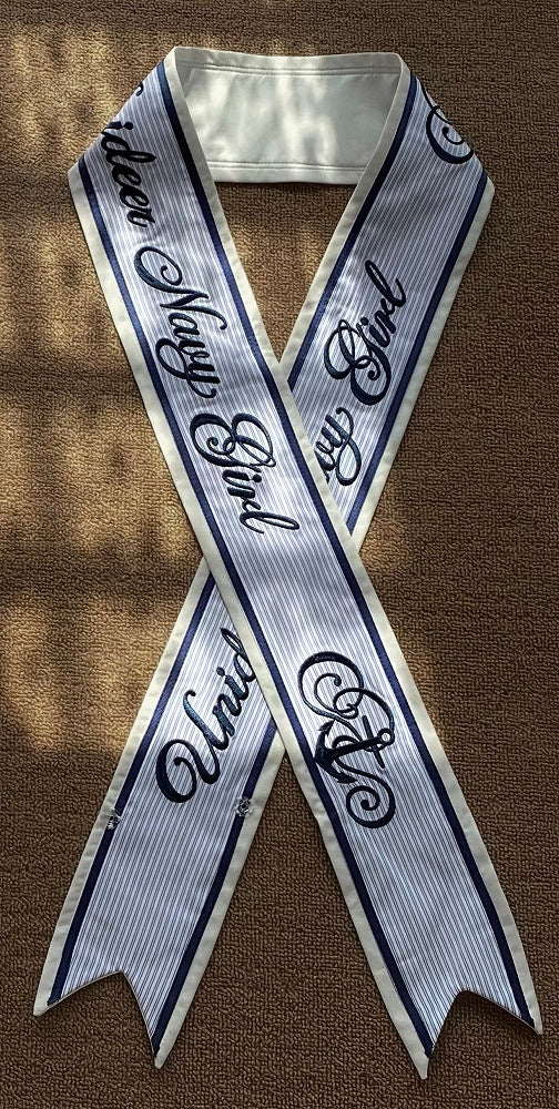 Ribbon White Dark Blue / Embroidered