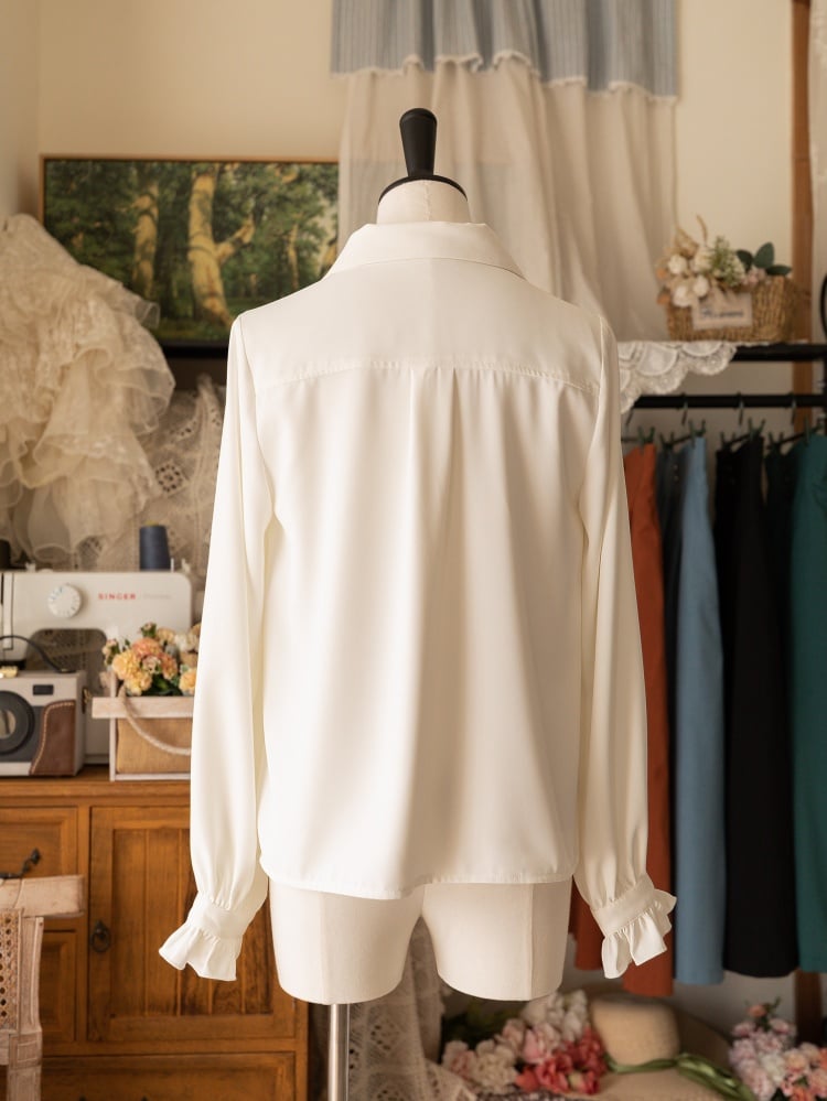 White Long-Sleeve Shirt with Double-Layered Pointed Collar