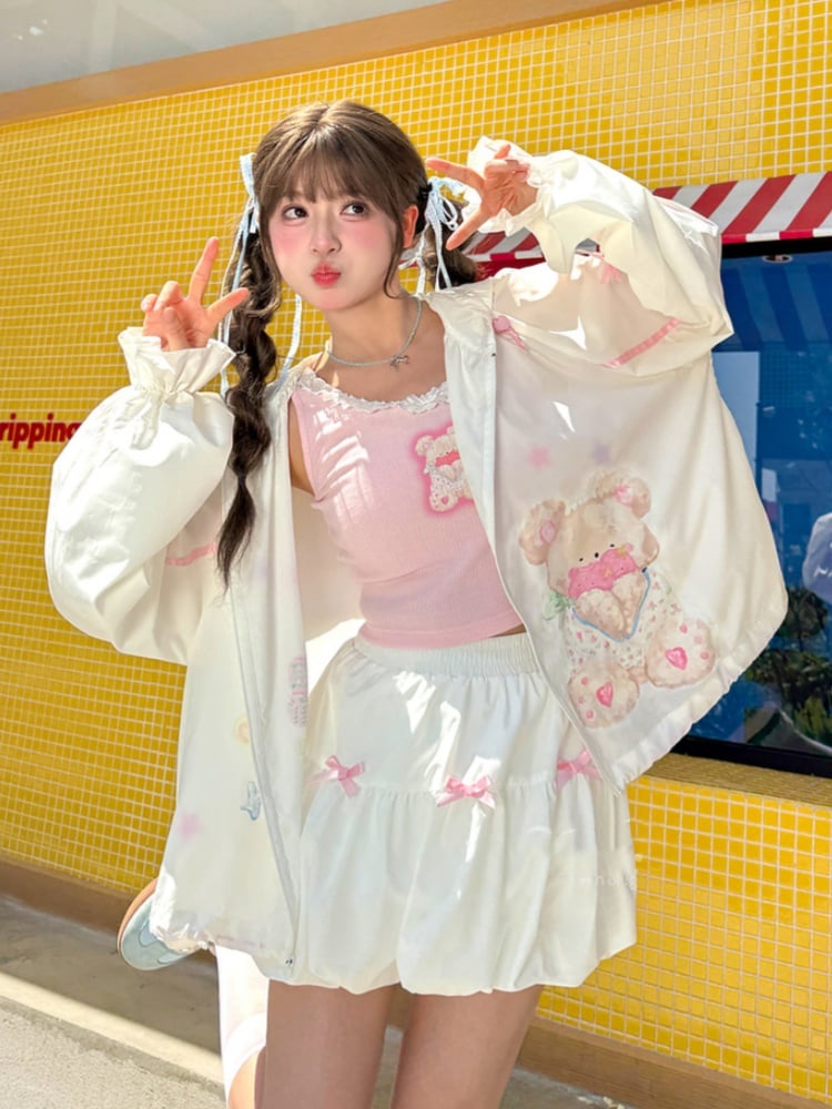 Sun Protection Hooded Adorable Bear Print Drawstring Hem White Jacket