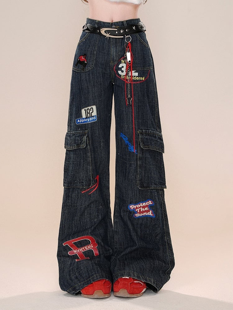 Dunkle Jeans Leg High Blue Street Wide Cargo