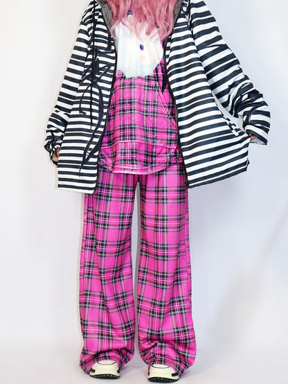 バージョンパターンローズチェック柄ワイドレッグパンツギャルレッドファッション厚手カット