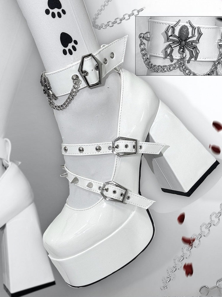 Block Goth White - Studs Style Details PU Leather in High Heels