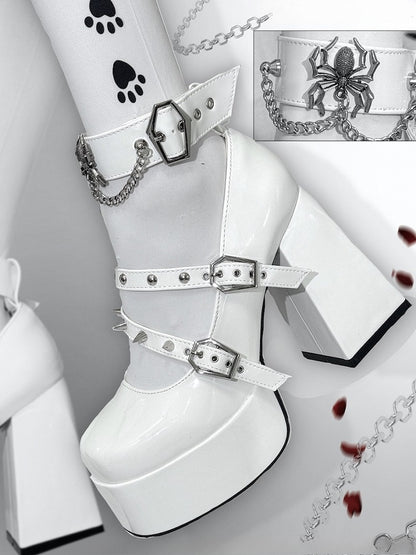 Block Goth White - Studs Style Details PU Leather in High Heels