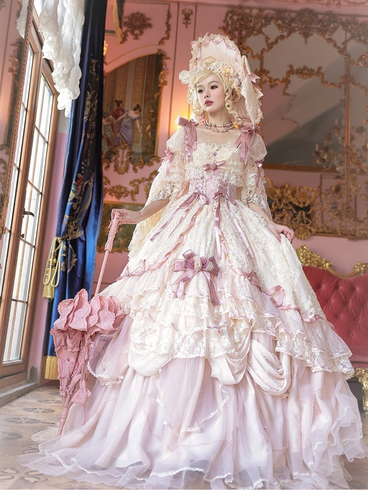 Hime Bowknot Pink Dress Piece One Lolita Hanayome Gorgeous Floral Beige and Corset