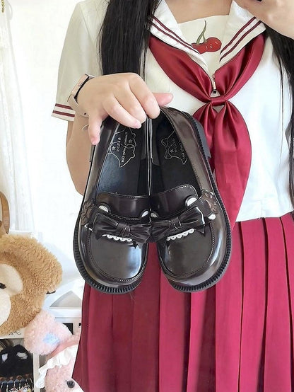 Brown JK Shoes in Preppy Style with Bear Theme and Bow Accents
