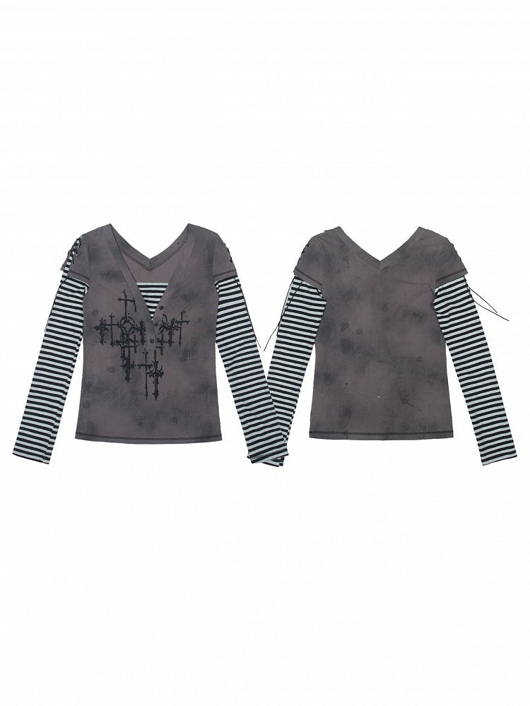 Punk Two-Piece Short Striped Sleeves Gray Khaki Faux with Lace-Up Top Motif Cross Long