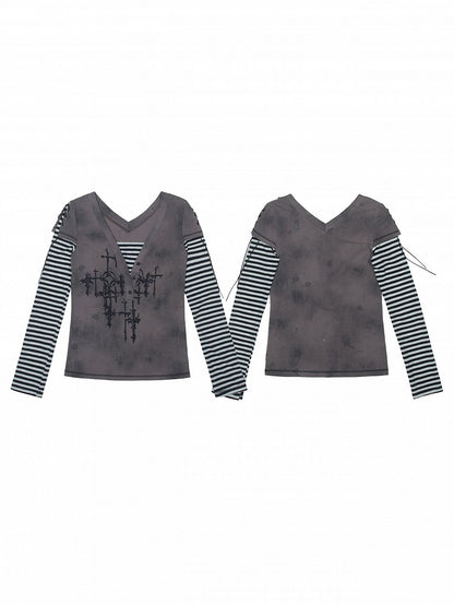 Punk Two-Piece Short Striped Sleeves Gray Khaki Faux with Lace-Up Top Motif Cross Long
