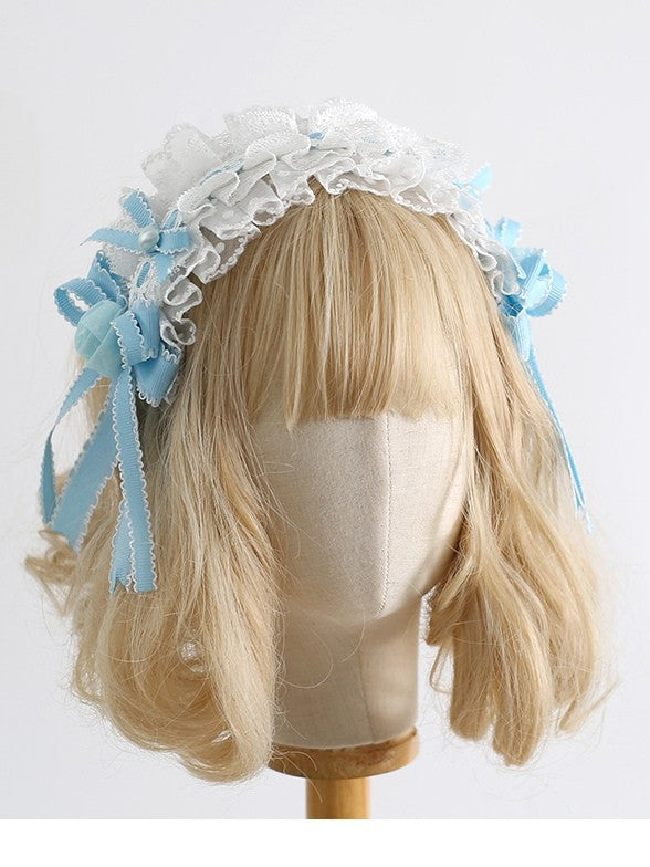 Trim Floral Details Design Bowknot Sweet WhiteBlue Lolita KC Spitze
