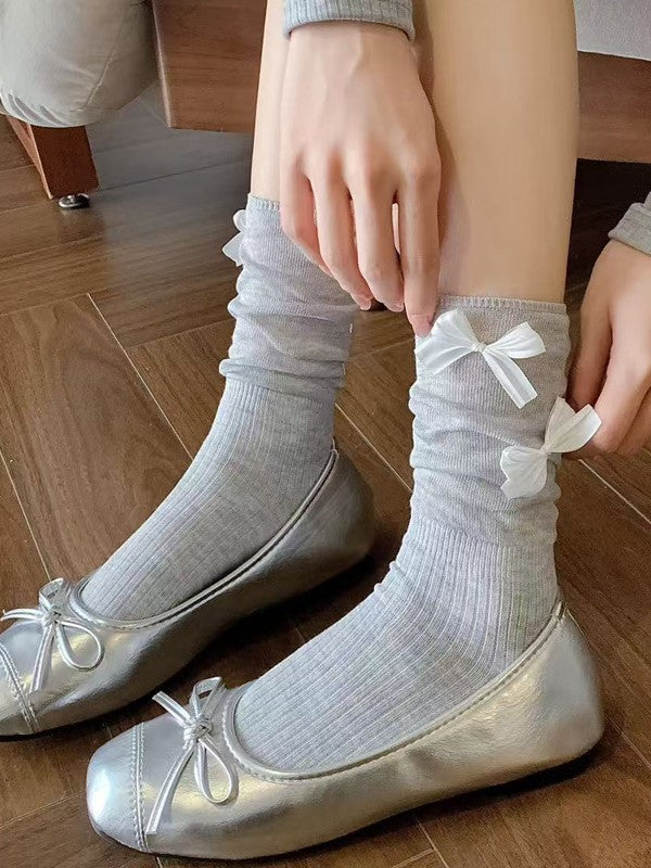 Lolita-Socken mit Schleife, Schwarz/Weiß/Beige/Grau, Kalbsleder