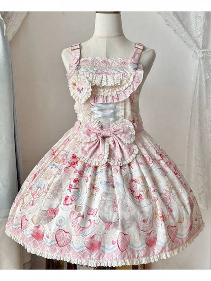 Strawberry and Cat Theme Sweet Pink Bow Lolita Overall Dress with Detachable Heart Brooch - wawao good night bear