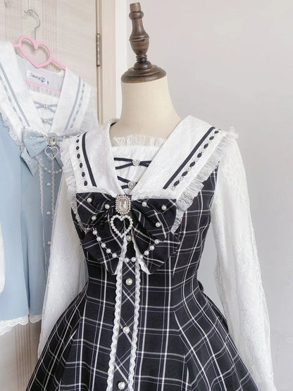 Jirai Collar Dress Beaded Tie Long Set Shorts Kei with - Black Mini Bow Plaid Sleeves and Sailor