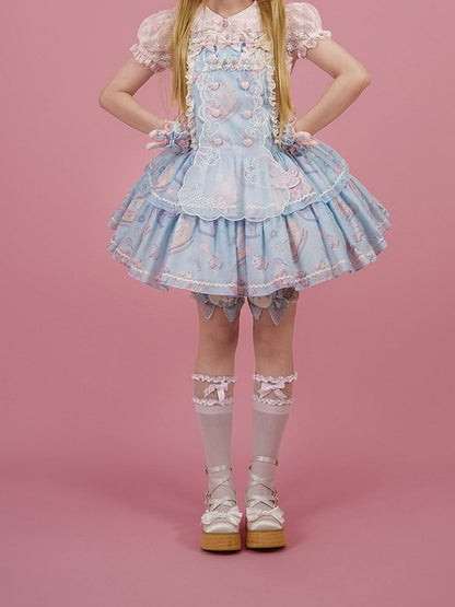 Cute Blue Lace Detailed Overall Gown with Detachable Apron Set - Vcastle