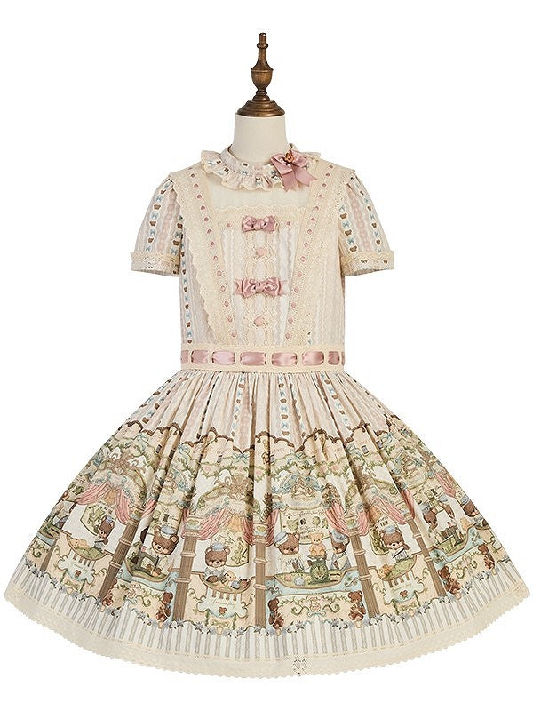 Sweet Dropped Dress Print Bear Ruffle Beige Lolita Waist Neckline