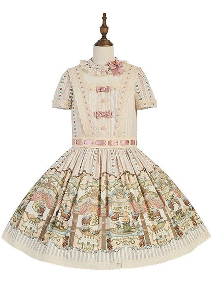 Sweet Dropped Dress Print Bear Ruffle Beige Lolita Waist Neckline