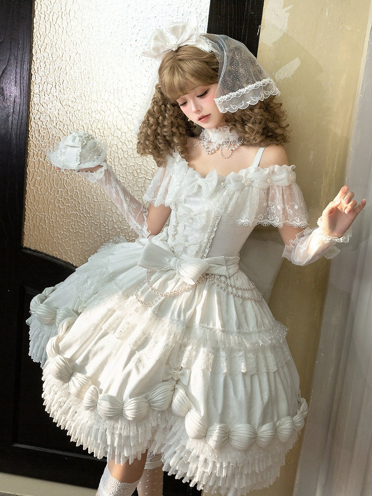 KC Lolita Full Dress Choker Mini Off Hat Cuffs Set + Shoulder Wrist Veil Hime White