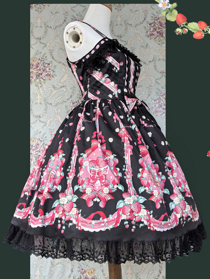 Bow Pink Lolita Lace Hem Strawberry with Black Print Sweet Dress and Details
